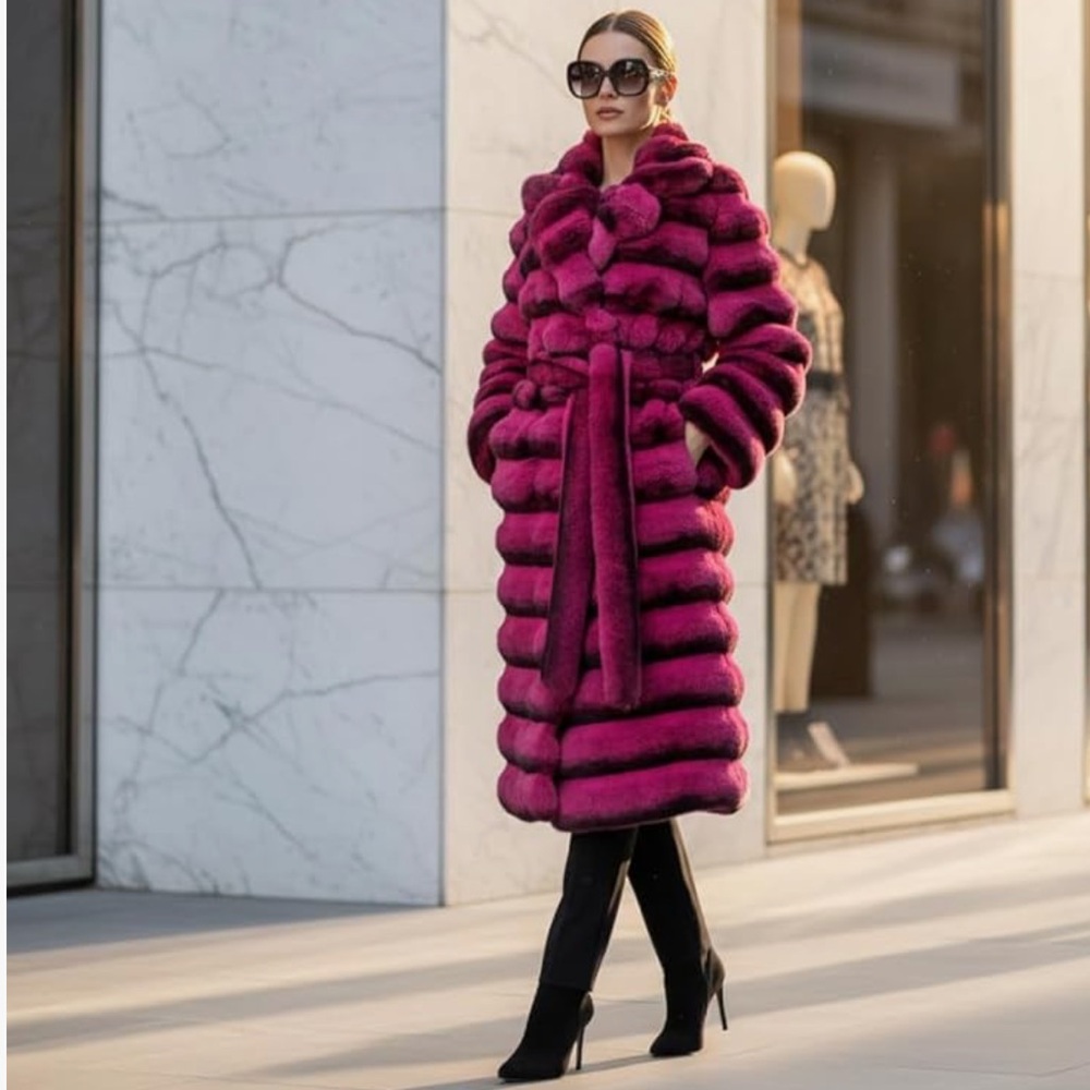 🆕 Chinchilla Faux Fur Coat Luxury Soft Long Length Trench Hot Pink Black 2X XXL - Picture 7 of 7